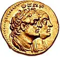 Zlatý statér Ptolemaios I. Sótér a Bereníké I. ~285 př. n. l.