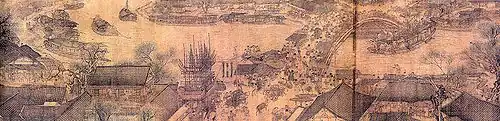 Úzký a široký obraz řeky, mostu přes ní v centru obrazu a přilehlé městské ulice, přes most chaoticky přechází dav lidí.