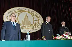 Ministr zahraničních věcí Ruska Sergej Lavrov na recepci k Dni diplomatického pracovníka“. Ex-ministr zahraničních věcí Ruské federace Igor Ivanov (vpravo) a Evgenij Primakov (vlevo) spolu s ministrem zahraničních věcí Ruské federace Sergejem Lavrovem na slavnostním večeru k Dni diplomatického pracovníka Ruska na Ministerstvu zahraničních věcí Ruské federace. Rusko, Moskva, 2010.