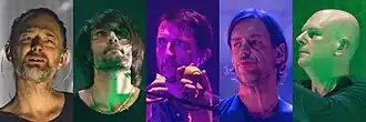 Zleva: Thom Yorke, Jonny Greenwood, Colin Greenwood, Ed O'Brien a Philip Selway roku 2018