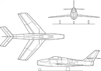 Třípohledový výkres letounu Republic F-84F Thunderstreak.