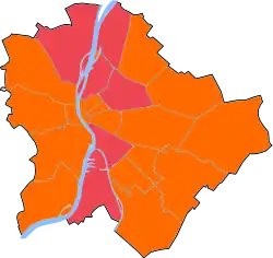 Mapa výsledků voleb do zastupitelstva Budapešti v jednotlivých obvodech