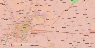 Mapa situace v Aleppu po ukončení bojů 22. prosince 2016      Syrská armáda      Syrská opozice      Kurdové      Islámský stát      Probíhající boje nebo nejasná situace