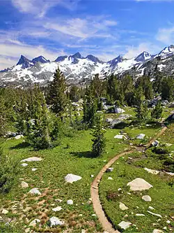 Úsek stezky v oblasti Ansel Adams Wilderness, v pozadí se nachází pohoří Ritter Range