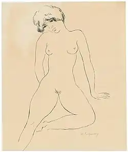 Rudolf Großmann: Ženský akt s pokrčenou nohou (Frauenakt mit angewinkeltem Bein), perokresba