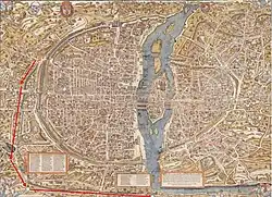 Potok na mapě Paříže z roku 1550 (vyznačený červeně)