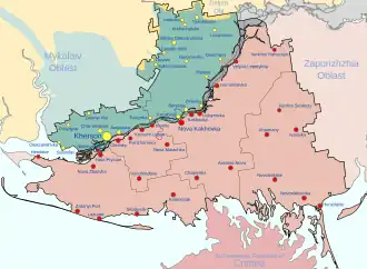      osvobozené území Chersonské oblasti      oblast okupovaná Ruskem (VCSChO)      oblast pod ukrajinskou kontrolou