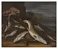 Rybí zátiší s krajinou (1687)