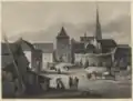 Vnější strana Saské brány na obraze Viléma Kandlera (kniha Starožitnosti a Památky země České, 1865)