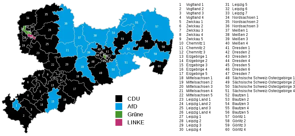 Mapa vítězných subjektů v jednotlivých okrscích Saska.