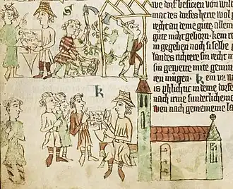Miniatura v jejíž dolní části se nachází kostel, před kterým sedí muž v klobouku držící listinu, před kterým stojí hlouček dalších mužů. V horní části miniatury opět stojí muž v klobouku držící listinu a dalším muži, kteří staví dům.