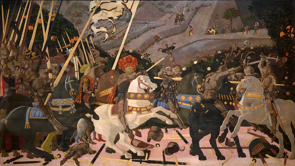 Panel se začátkem bitvy, kde je zobrazen velitel florentských Niccolo di Talentino je dnes v Národní galerii v Londýně. 182 × 320 cm.[2]