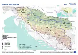 Mapa povodí Sávy: Posáví je zeleně vyznačená nížina podél středního a dolního toku