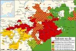 Ernestinské vévodství (žlutá) a albrechtinské kurfiřtství (červená) v roce 1547 (zeleně Země Koruny české