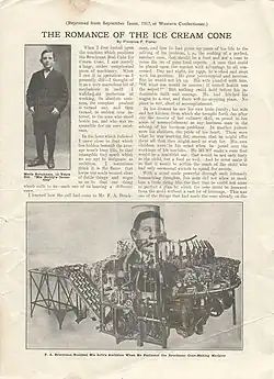 Novinový článek o F. A. Bruckmanovi, obrázek stroje na kornouty, r. 1917