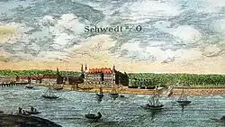 pohled na zámek z druhého břehu Odry z roku 1669