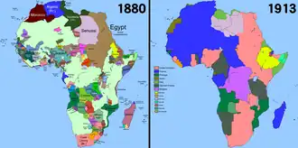 Porovnání politické mapy Afriky z roku 1880 s rokem 1913.