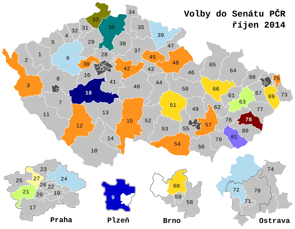 Rozdělení volebních obvodů s vyznačením výsledků voleb