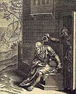 Sokrates a Xantippa, z díla Emblemata Horatiana, Imaginibus In Aes Incisis Atque Latino, Germanico, Gallico Et Belgico Carmine Illustrata - Otho Vaenius, 1607.