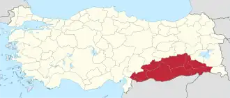 Jihovýchodní Anatolie na mapě Turecka