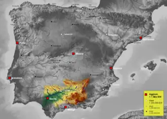 povodí Guadalquiviru na mapce Pyrenejského poloostrova