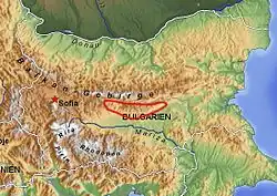 Přibližné vyznačení Sredné gory na mapě Bulharska