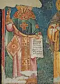 Freska svatého Theodora Studity, západní stěna naosu v kostele Theotokos Peribleptos v Ochridu, Makedonie