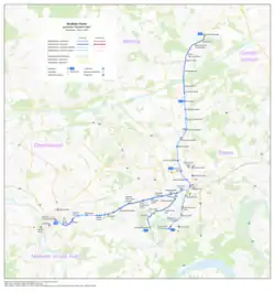 Síť městské dráhy (modrá) a tramvají (žlutá)