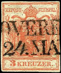 Známka z roku 1850 KKPost, na ručním papíře