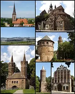 Koláž památek: Kostel sv. Jana, kostel sv. Marie, továrna Bridgestone, bašta a ledová věž, Mlýnská brána, věž Bílá hlava, Protzenův dům