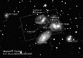 Stephanův kvintet spolu s galaxií NGC 7320C pravděpodobně náležející k HCG 92 (bílý obdélník označuje rozsah podrobného snímku Hubbleova dalekohledu z roku 1998-99)