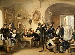 Stráž Akademických legií v aule staré univerzity r. 1848