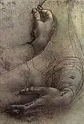 Leonardo da Vinci: Studie, i na reprodukci je vidět užití lineárního stínování