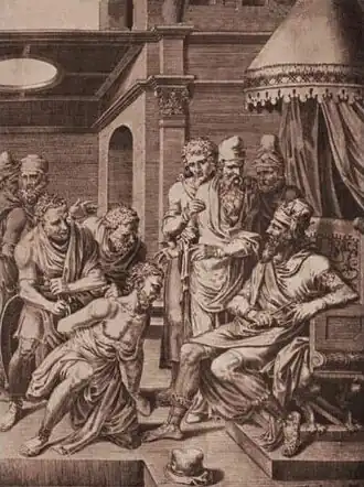 Zajatý Syagrius je přiveden před Chlodvíka, krále Franků