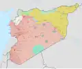 Situace v listopadu 2024:      Syrská prozatímní vláda + turecká okupace      Syrská vláda spásy      Nová syrská armáda + americká okupace      Syrská vláda      Syrský Kurdistán (Rojava)      Islámský stát (IS)      sporná území