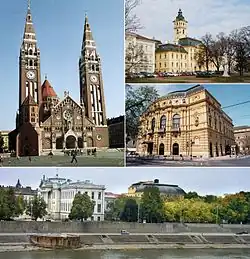 Zleva doprava: Katedrála • Radnice • Národní divadlo • Nábřeží Tisy