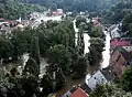 Údolí Lužnice při povodni 2002-vlevo část Čelkovic (vzadu Hotel Lázně), vpravo táborská Lužnická ulice