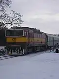 Lokomotiva 754 na konci borovinského mostu v Třebíči