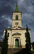 Věž na západním průčelí třebíčského evangelického kostela