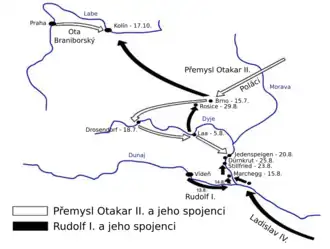 Mapa severního Rakouska a Česka dokumentující válečné operace z roku 1278. Černé a bílé šipky značí pohyby vojsk. Uvedena jsou zde jména vojevůdců, místa bitev a významných měst.