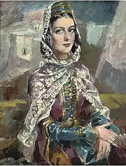 Portrét ženy ve slavnostním dagestanském národním oděvu, autor H. Mussayassul (umělec a politický emigrant), 1939