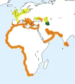 Mapa rozšíření: žlutě hnízdiště, zeleně místa se stálým výskytem, červeně zimoviště