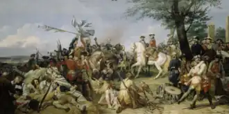 Maršál Mořic Saský předává britské prapory Ludvíkovi XV. (Horace Vernet, 1828, Muzeum Versailles)