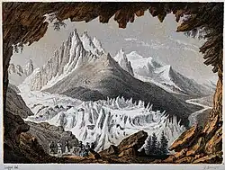 Ledovec Bains, Mont Blanc, pohled z Montanvertu do Chamonix. Barevná litografie od J. Arnouta podle G. Loppého.