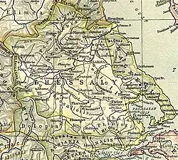 Mapa zobrazující starověkou Thesálii. Demetrias leží vpravo u severního břehu Pagasitického zálivu.
