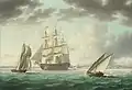HMS Queen Charlotte kotvící v cádizském zálivu, olej na plátně