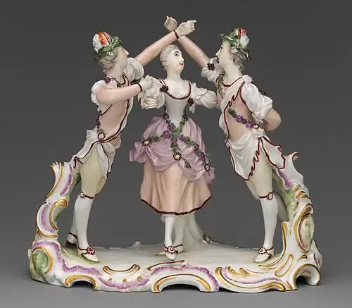 Tři tanečníci, asi 1763, vpravo baletní mistr Jean-Georges Noverre