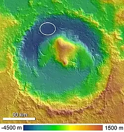 Topografická mapa kráteru Gale s vyznačenou oblastí přistání vozítka Curiosity