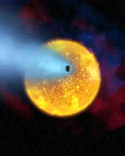 Malířova představa přechodu planety HD 209458 b přes sluneční disk