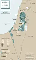Mírový plán prezidenta Trumpa z ledna 2020, který navrhoval vznik samostatného Státu Palestina (vyznačen modře)